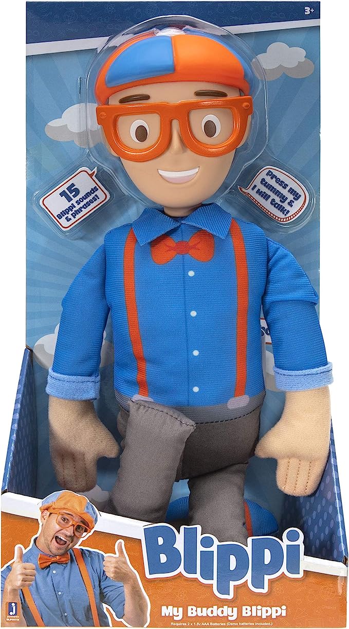 Blippi Bendable Plush Doll, 16” Tall Featuring SFX - Squeeze The Belly to Hear Classic catchphrases - Fun, Educational Toys for Babies, Toddlers, and Young Kids