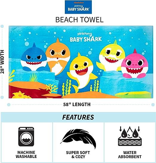 Franco Kids Cotton Bath/Pool/Beach Towel, 58 in x 28 in, Nickelodeon Baby Shark