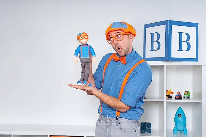 Blippi Bendable Plush Doll, 16” Tall Featuring SFX - Squeeze The Belly to Hear Classic catchphrases - Fun, Educational Toys for Babies, Toddlers, and Young Kids