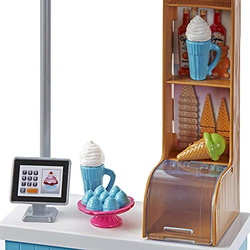 Barbie Ice Cream Cafe Playset with Barbie Doll and Chelsea Doll, Store Frame, Table, 2 Chairs and Food Accessories for Kids 3 to 7 Years Old