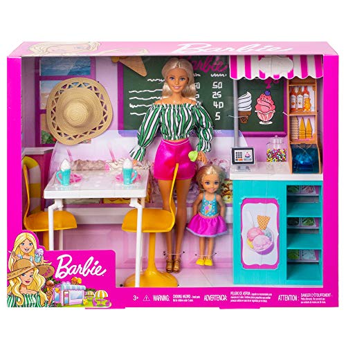 Barbie Ice Cream Cafe Playset with Barbie Doll and Chelsea Doll, Store Frame, Table, 2 Chairs and Food Accessories for Kids 3 to 7 Years Old