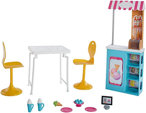 Barbie Ice Cream Cafe Playset with Barbie Doll and Chelsea Doll, Store Frame, Table, 2 Chairs and Food Accessories for Kids 3 to 7 Years Old